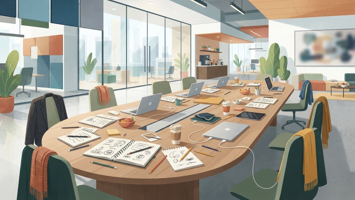Salle de réunion avec des personnes assises autour d'une table dans un bureau moderne