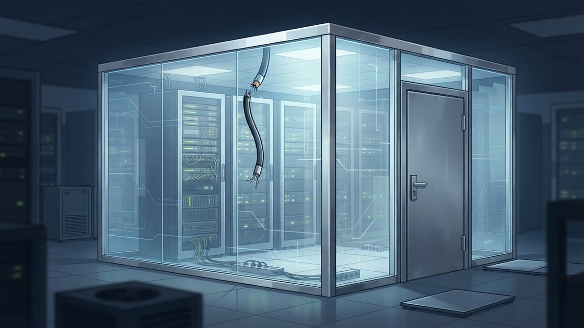 Sealed glass room with server racks and a cut cable.