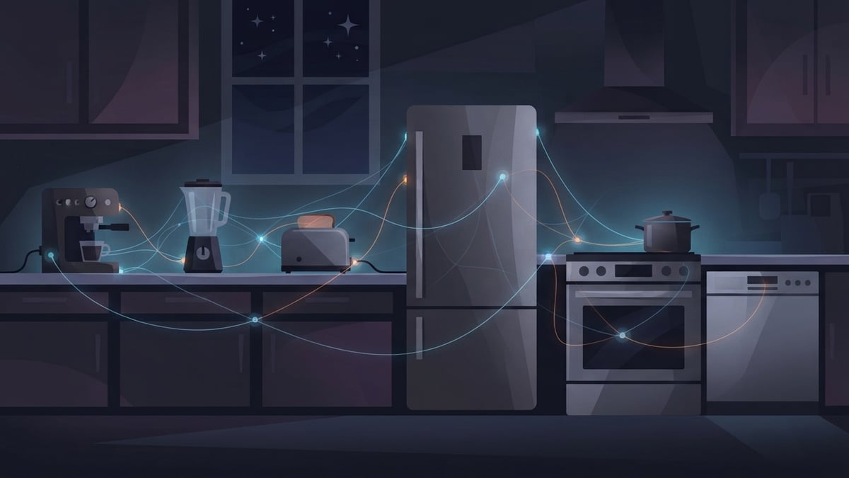Household appliances linked by faint glowing threads in a dim kitchen.