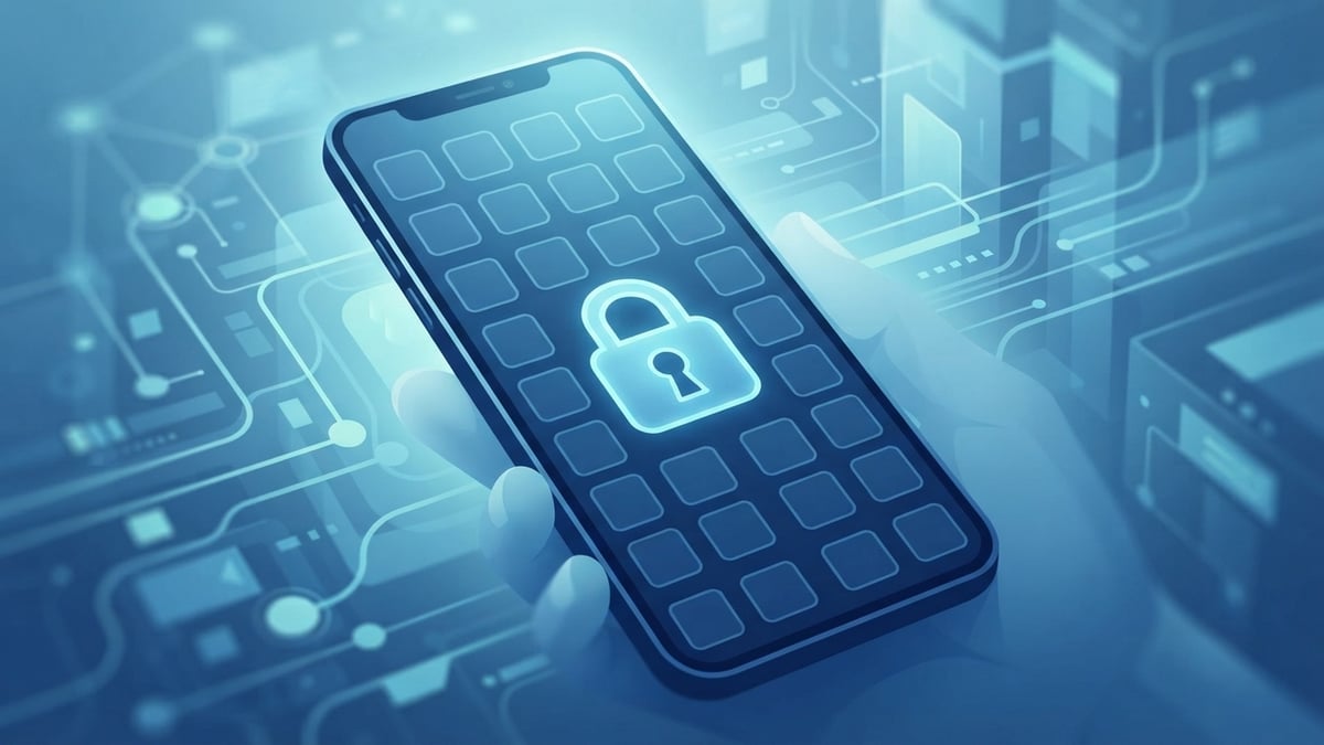 Un écran de téléphone montrant un cadenas au-dessus d'une grille d'icônes d'applications.
