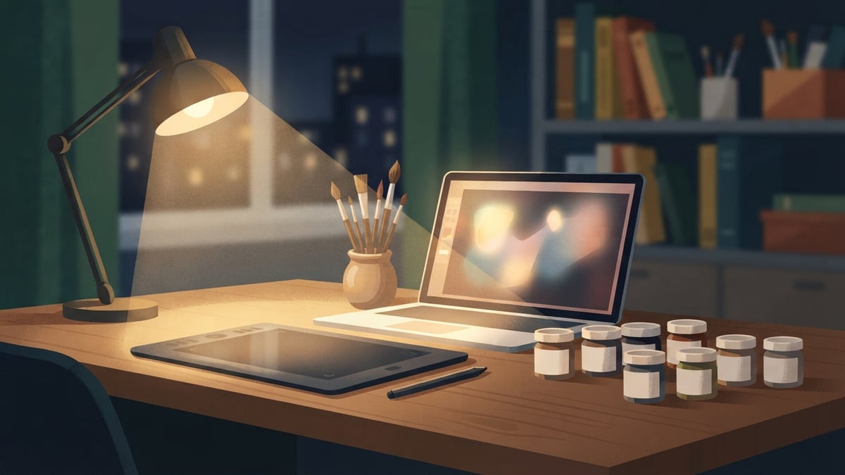 Bureau d’artiste la nuit avec une tablette, des pinceaux et une rangée de pots de peinture vierges.