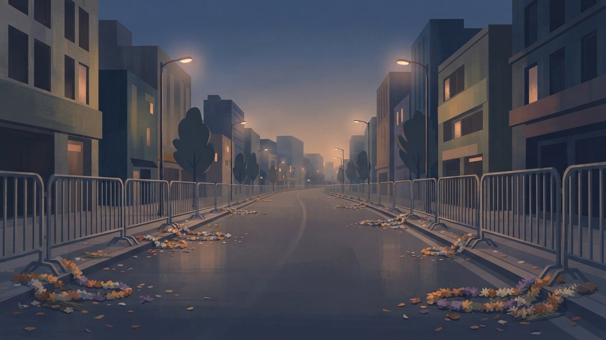 Rue vide bordée de barrières et de guirlandes de fleurs éparses au crépuscule