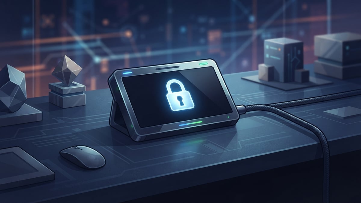Bureau sombre avec une console d'accès à distance et une icône de cadenas.
