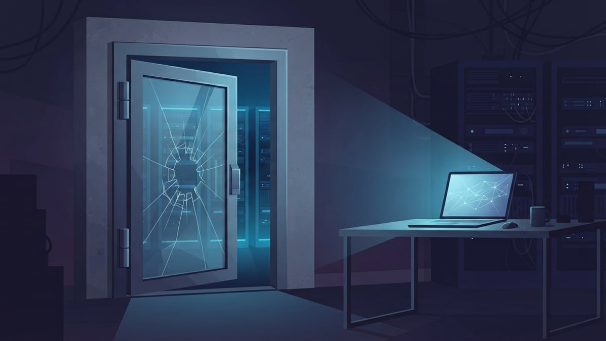 Une porte de coffre-fort ouverte à côté d'un ordinateur portable dans une salle de serveurs sombre.