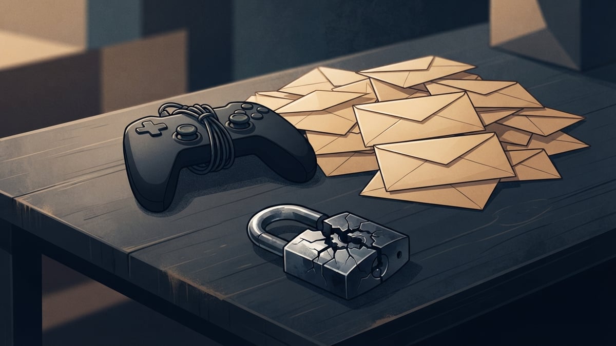 Manette de jeu près d'enveloppes scellées sur un bureau sombre.