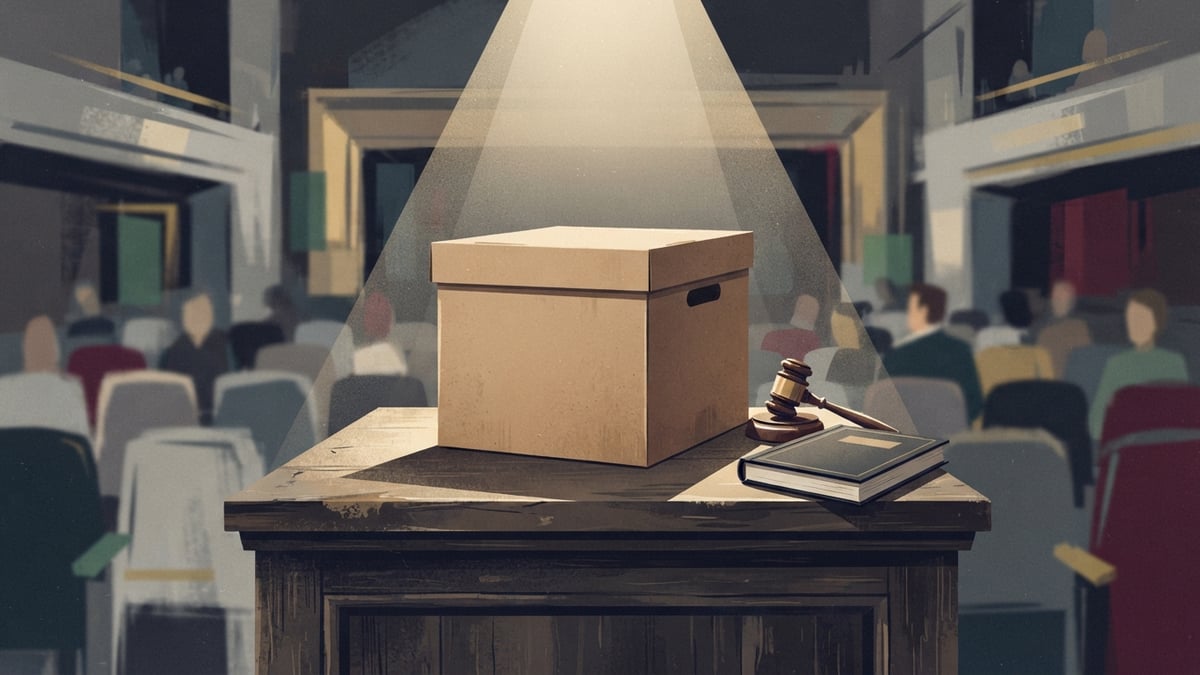 Boîtes d’archives et marteau de juge sur une table de tribunal de faillite sous un projecteur.