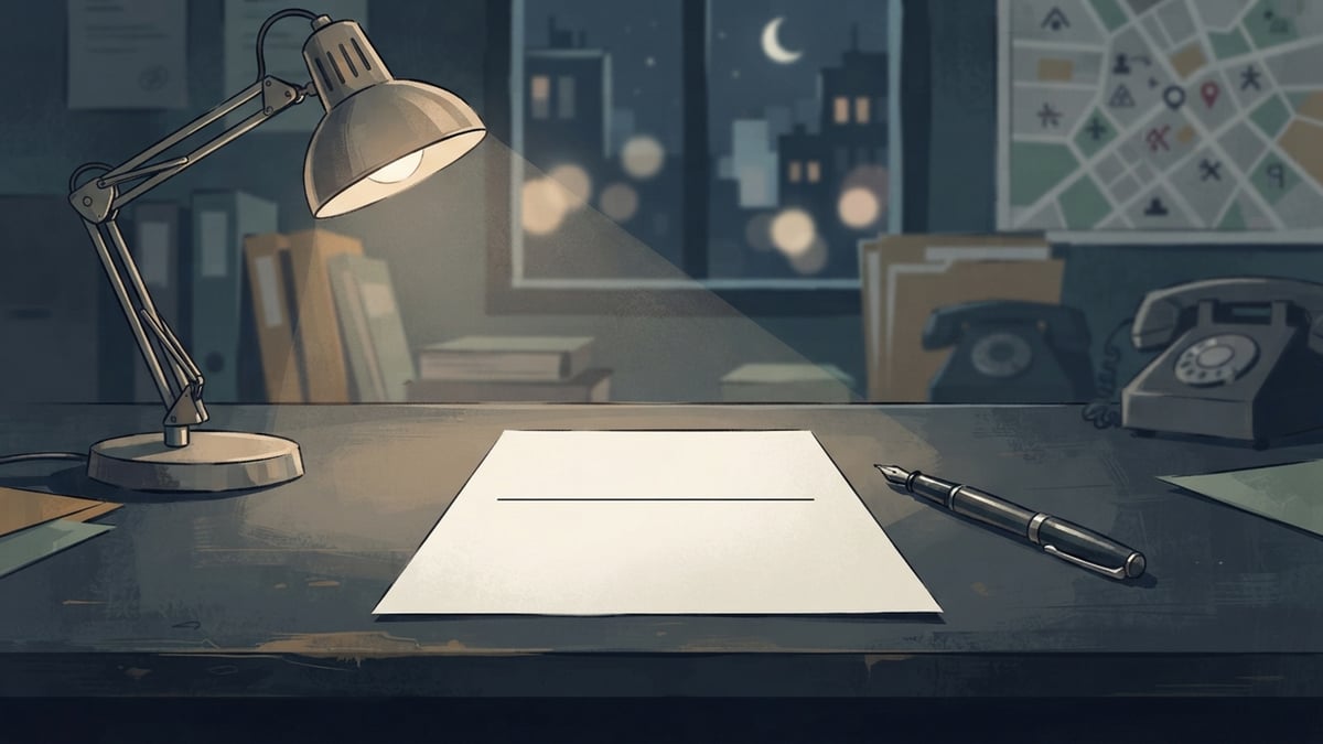 Paper form on a desk under a lamp, a pen beside it.