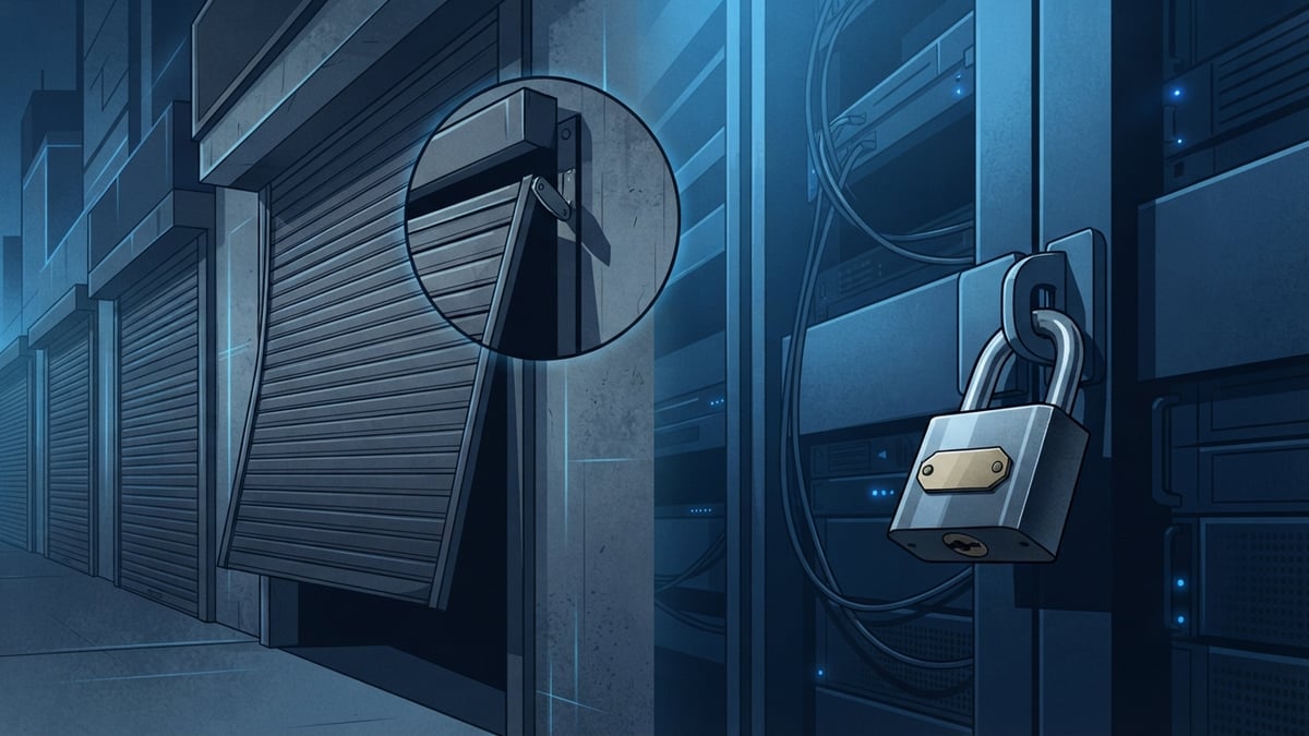 Storefront shutters and a server rack with a loose lock