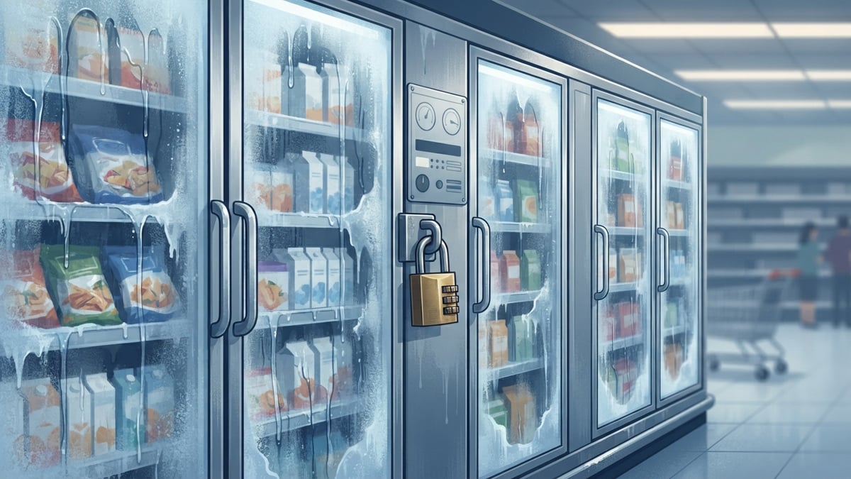 Supermarket refrigerator doors with frost melting, a padlock on a control panel.