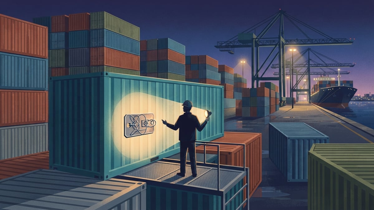 Shipping containers in a harbor with one seal under inspection.