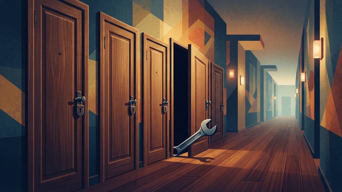 Illustration d'un couloir de portes verrouillées, dont une entrouverte, avec une clé à molette sur le seuil.