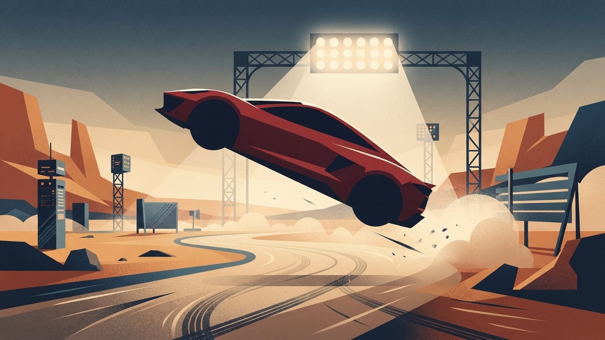 Voiture de sport rouge sur une piste d'essai désertique sous des projecteurs.