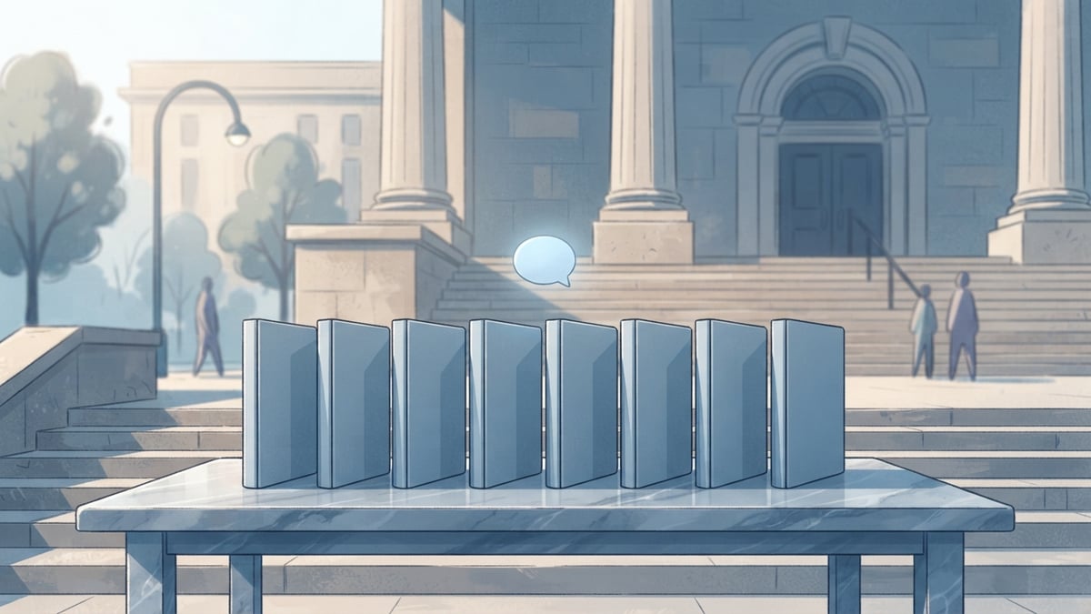 Dossiers juridiques empilés sur une table de palais de justice, avec une bulle de conversation flottant au-dessus.