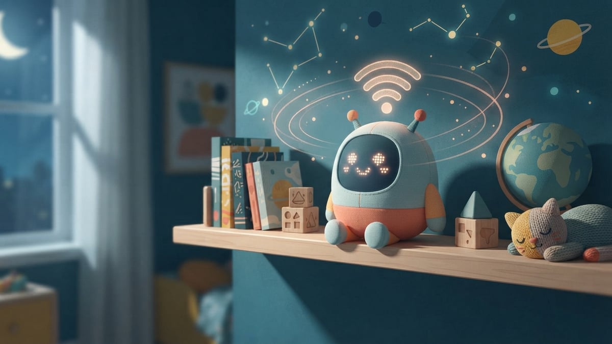 Un robot-jouet rond au visage lumineux sur une étagère de chambre d'enfant.