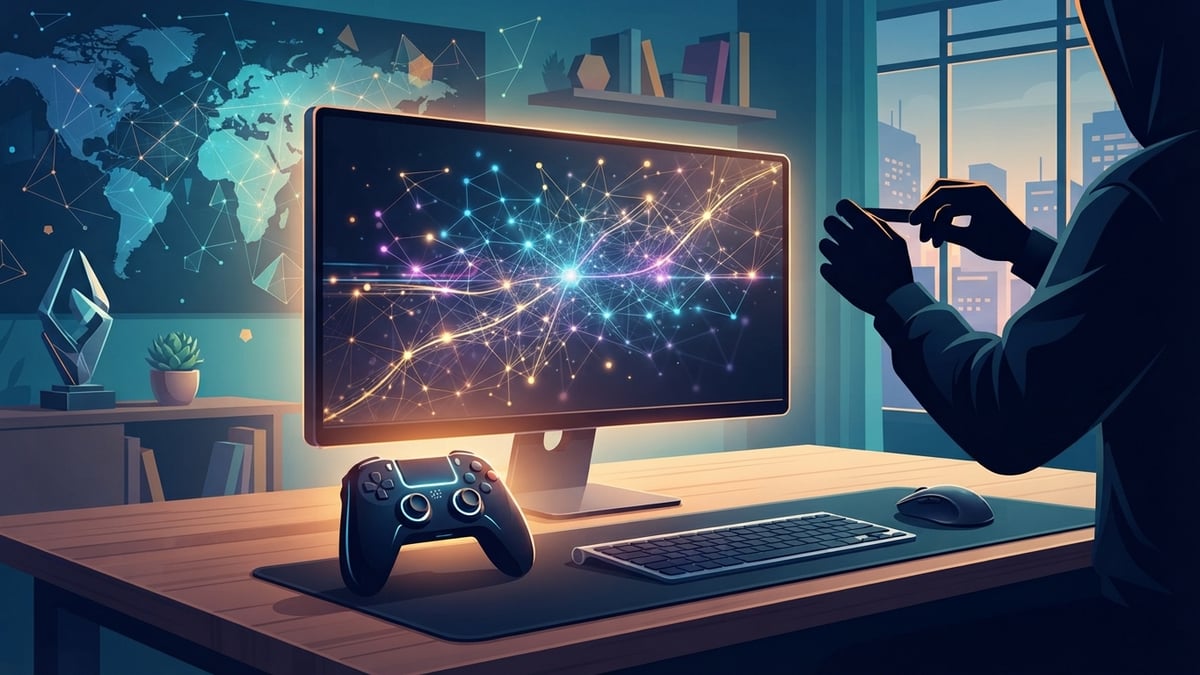 Desk with a monitor showing a glowing pattern and a game controller.