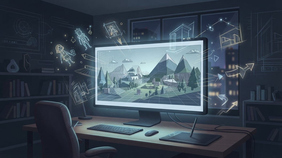 An unfinished game world on a monitor in a quiet studio.