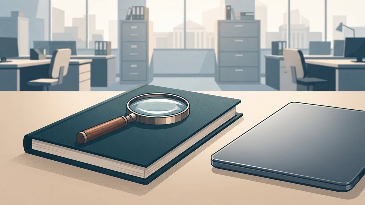 Une loupe posée sur un dossier officiel à côté d'un ordinateur fermé