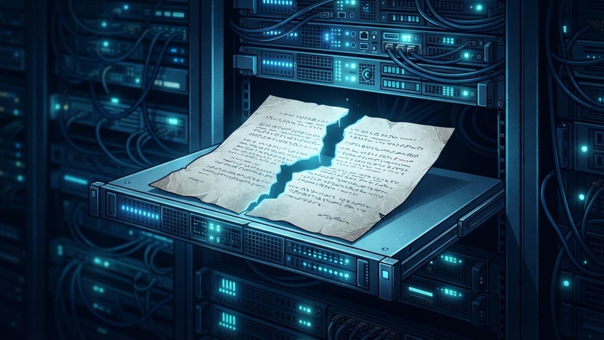 A cracked paper document in front of a server rack.