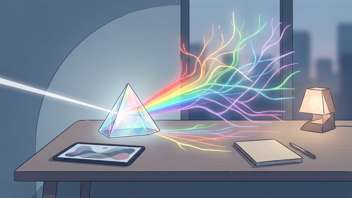 Un prisme lumineux qui divise la lumière en plusieurs faisceaux au-dessus d'un bureau.