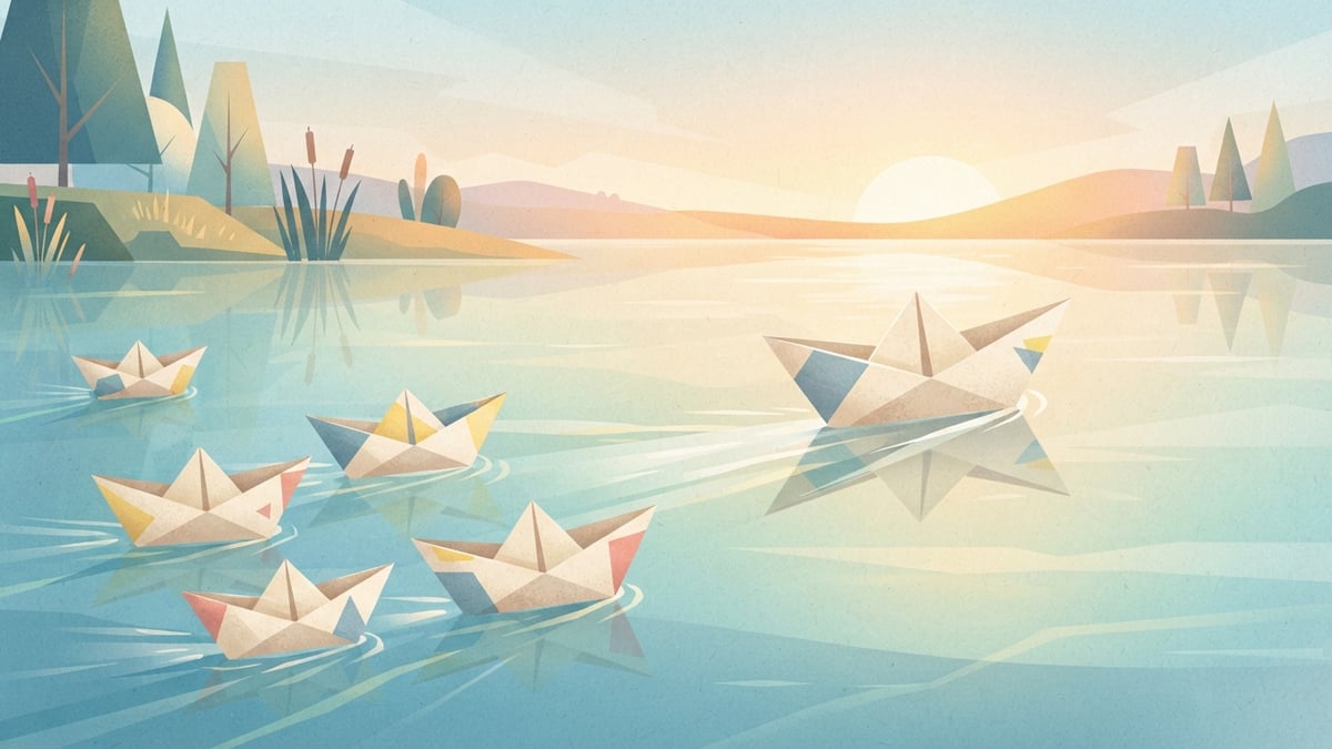 Petits bateaux de papier en course sur un étang calme, l’un prenant de l’avance.
