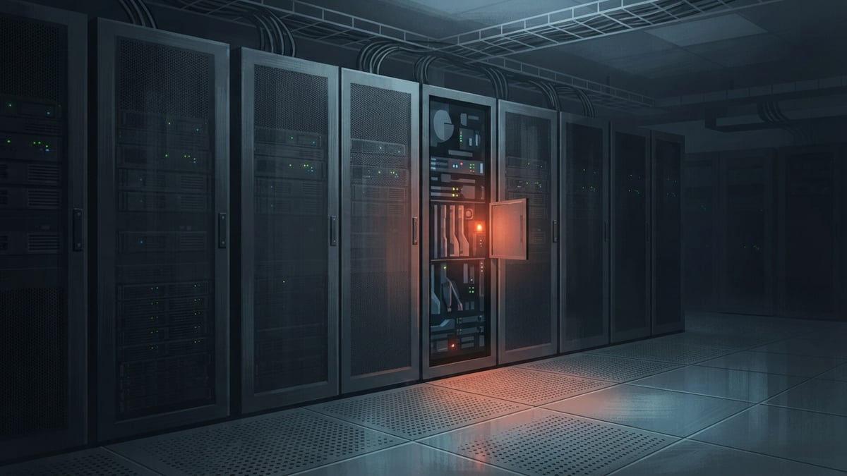 Server cabinets in a dim room, one with an open panel and a single warning light.