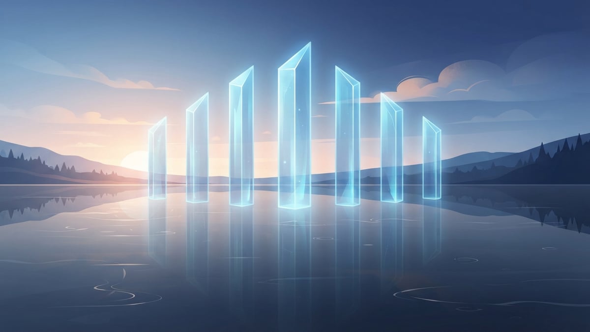 Illustration of tall glowing glass towers reflected in still water at dawn.