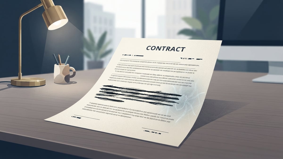 Printed terms page with a crossed-out paragraph beside a stylized web crawler