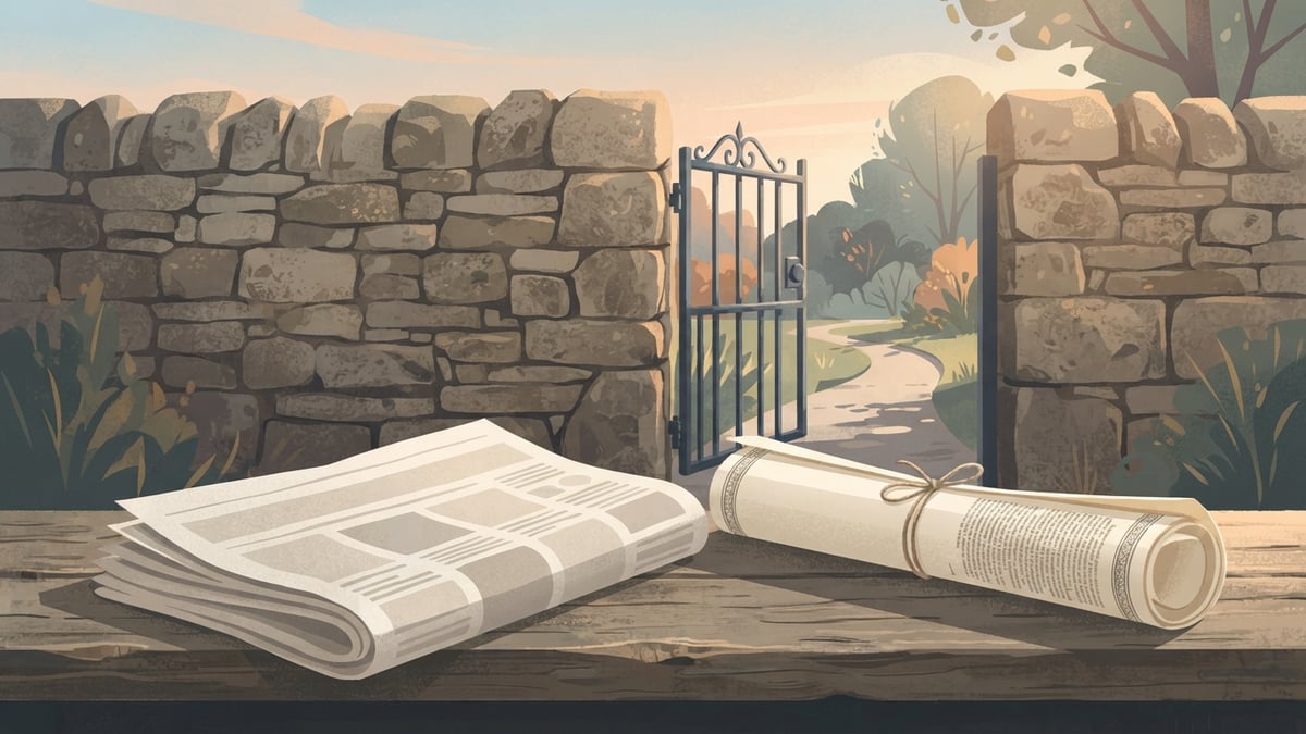 Newspaper and contract pages beside an open gate, illustrating content terms