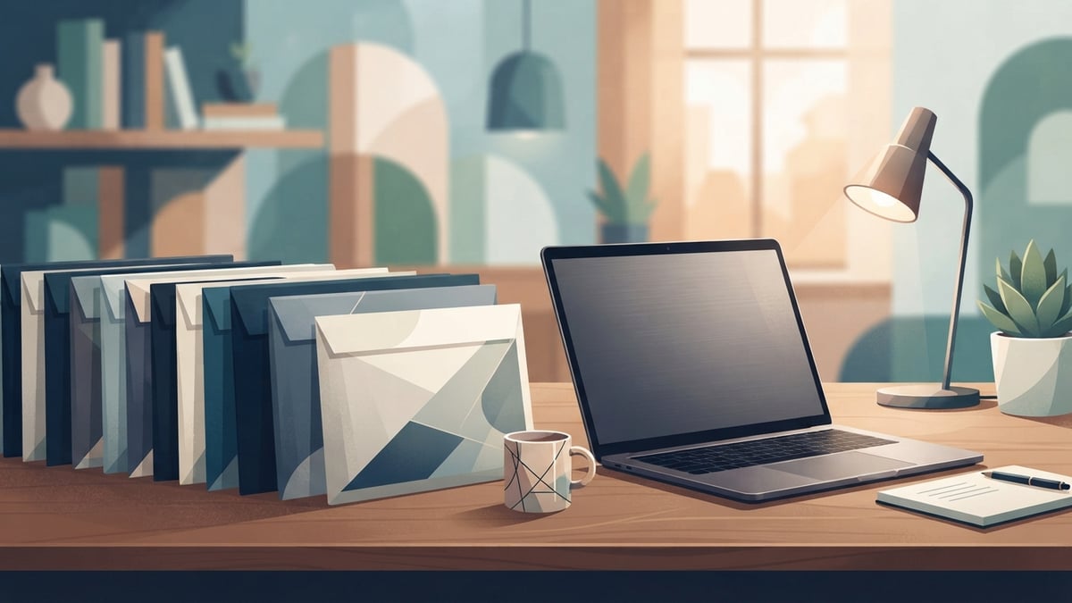 Stacks of sealed update packages beside a laptop on a desk.