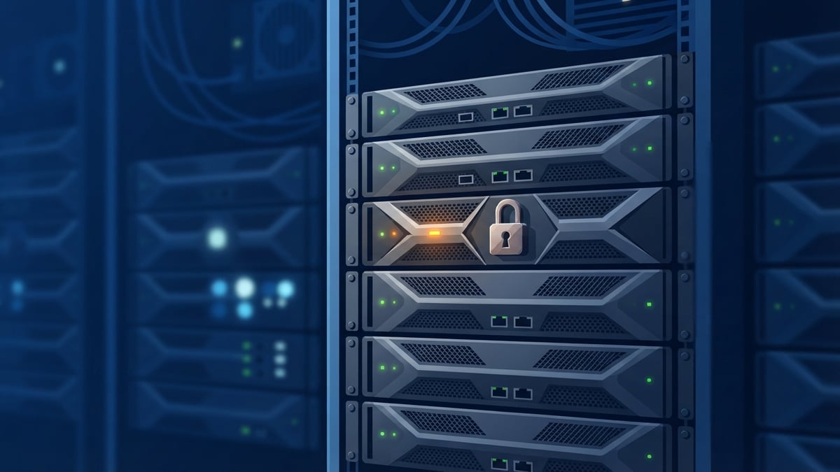 Rack-mounted network firewall units, one with an amber warning light.