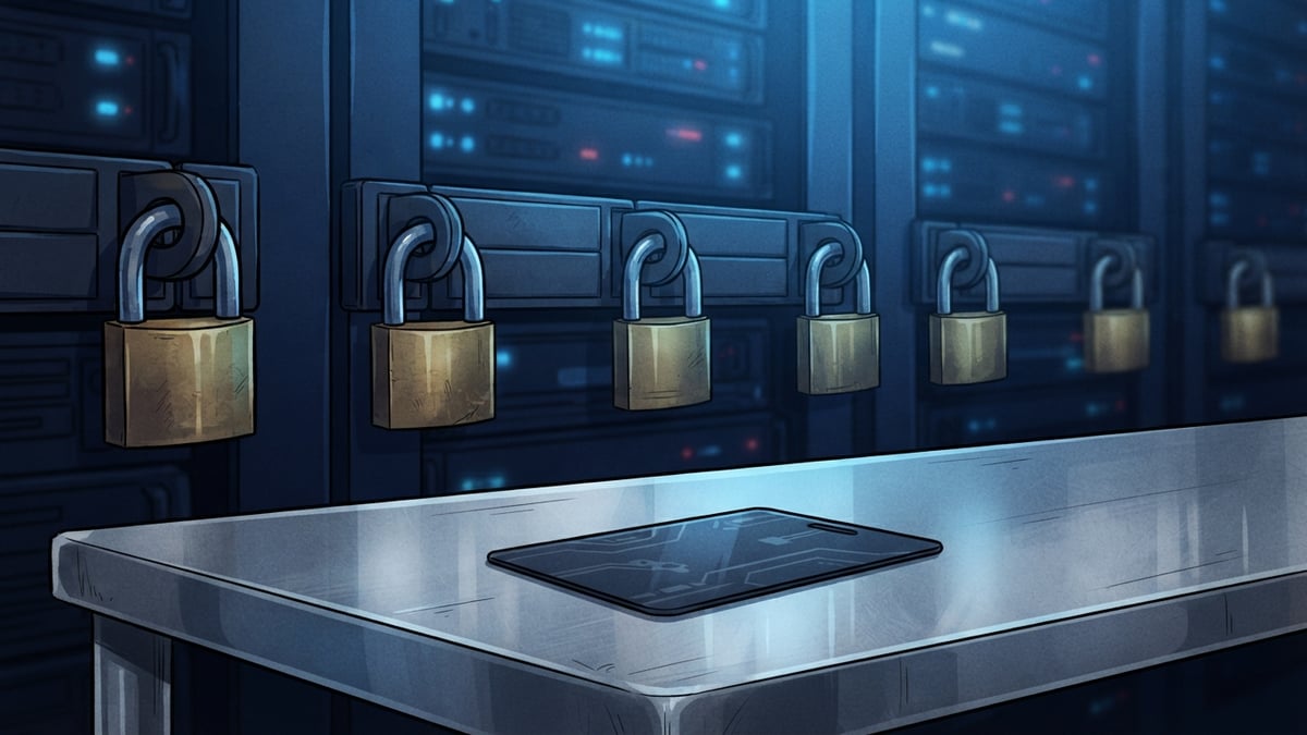 Cadenas sur un rack de serveurs, sous une lumière bleue tamisée.