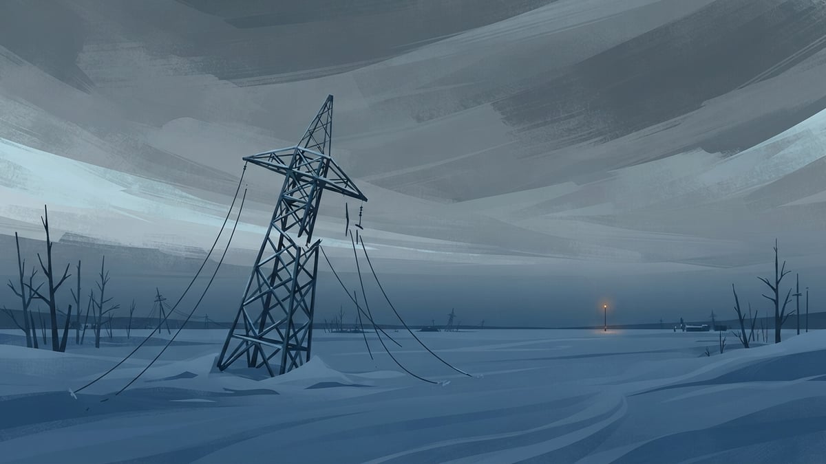 Power pylon on a snowy plain under a grey sky, one distant light on.