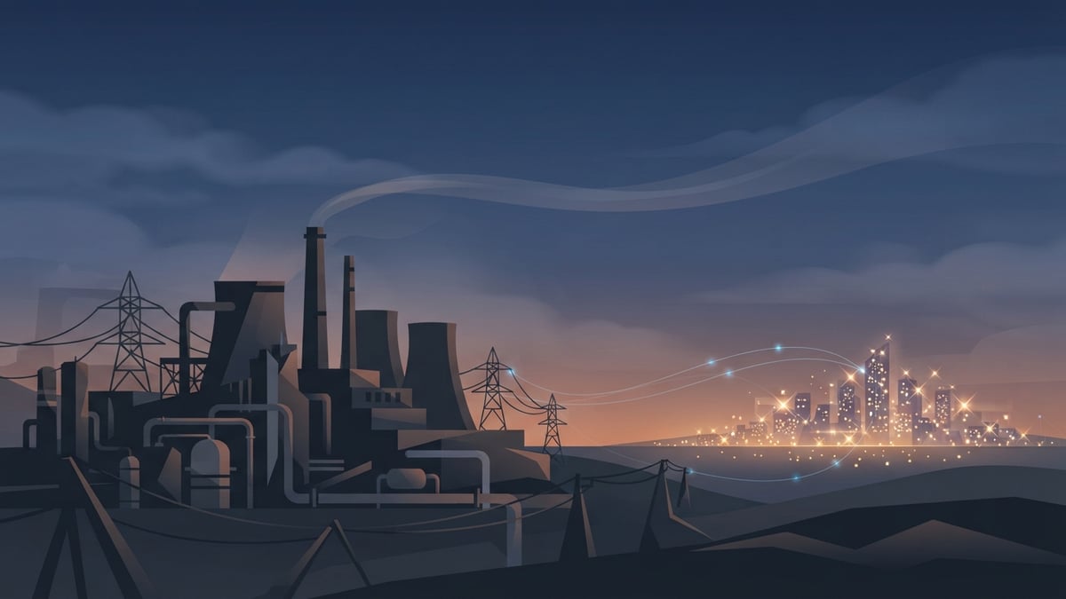 Silhouette d'une centrale électrique au crépuscule avec un filet de fumée et les lumières d'une ville.