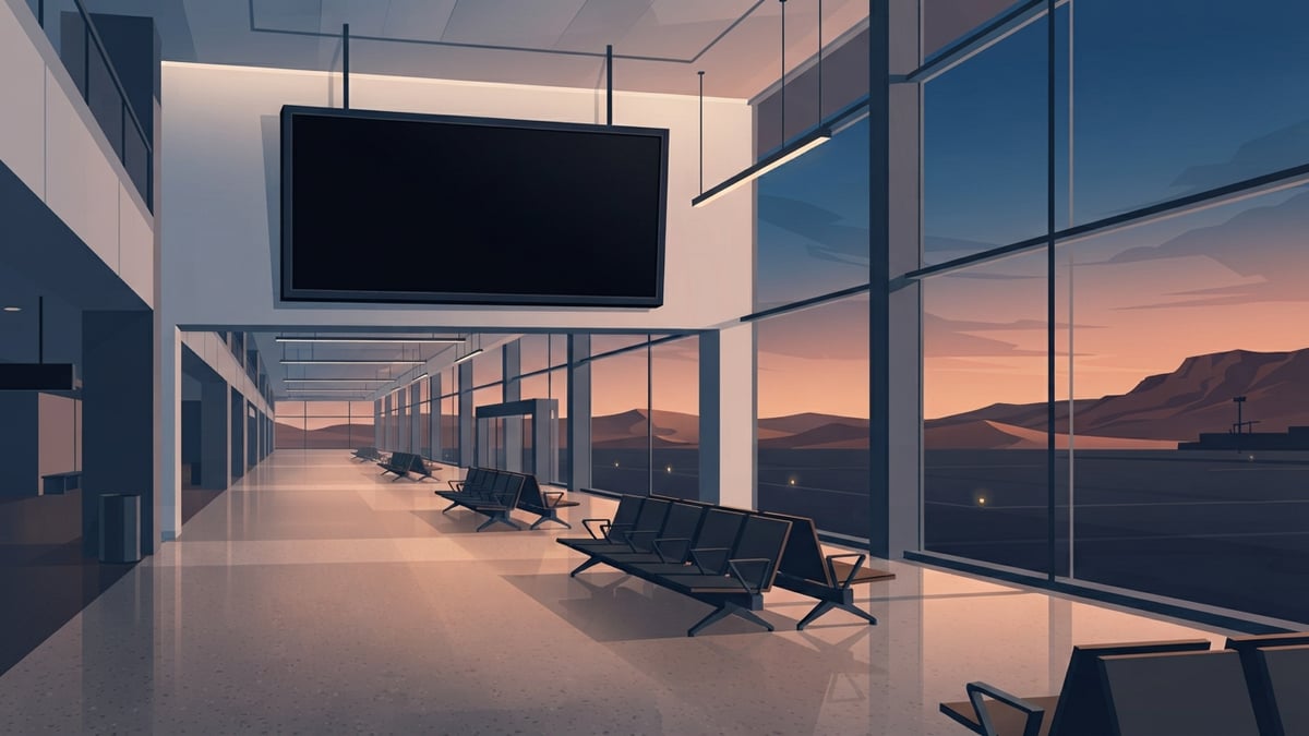 Empty airport terminal at dusk with a dark departure board.