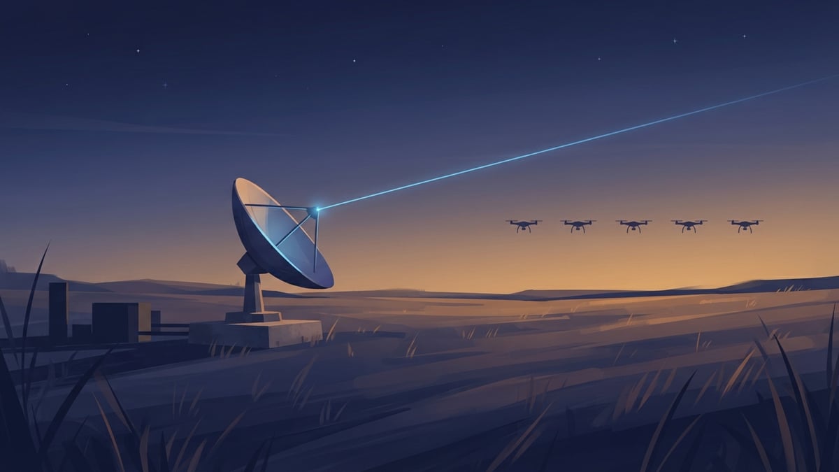 Antenne parabolique dans un champ au crépuscule, avec un faisceau de lumière vers des drones lointains