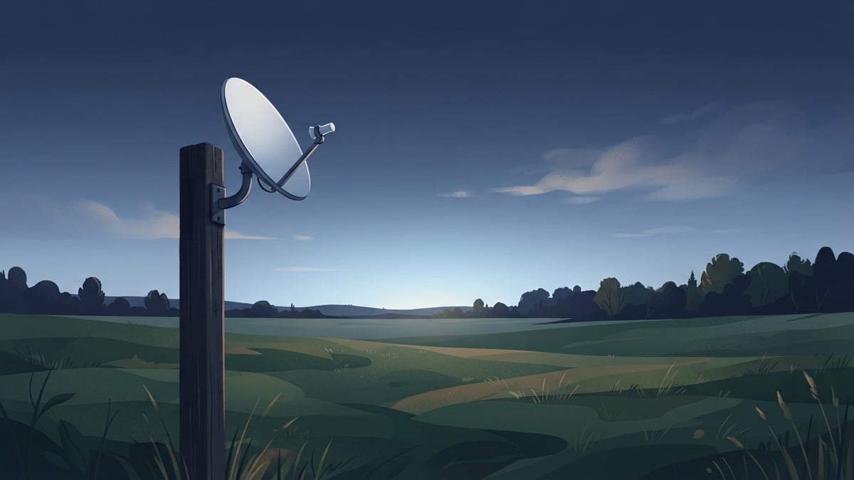 Petite antenne parabolique sur un poteau dans un champ au crépuscule.
