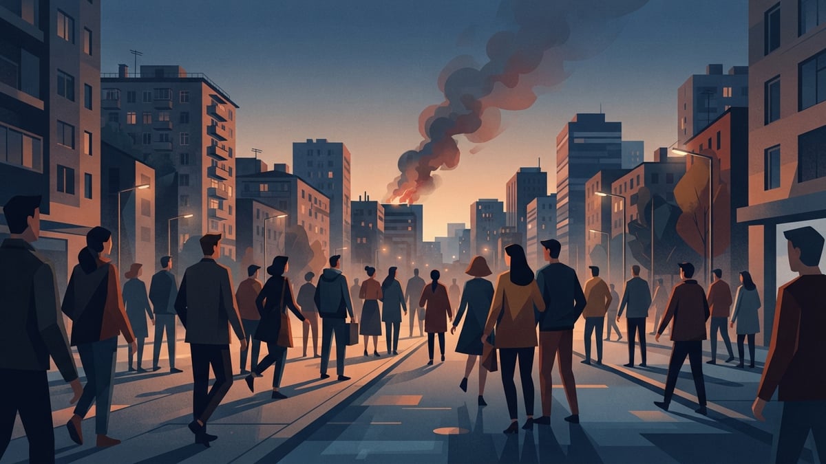 Rue de ville au crépuscule avec une foule et de la fumée au loin