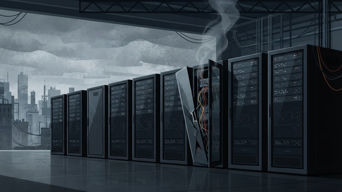 Dark server cabinets with a broken door and faint smoke.