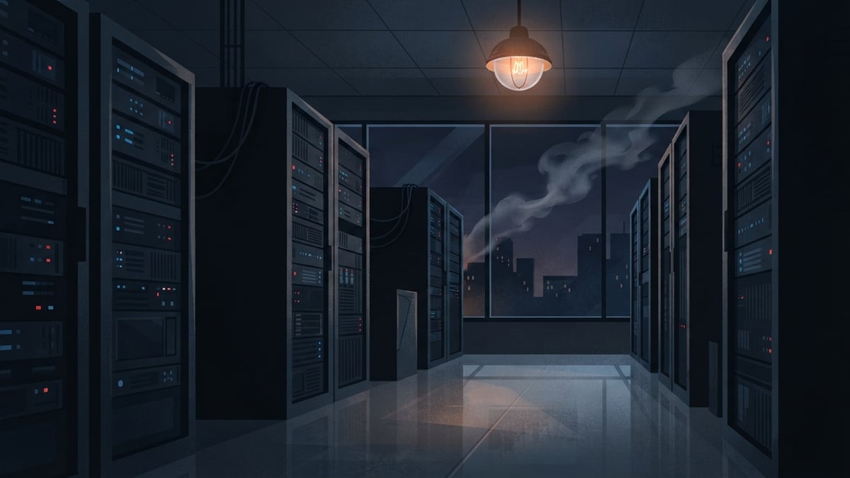 Une salle de serveurs sombre avec une seule lumière vacillante.