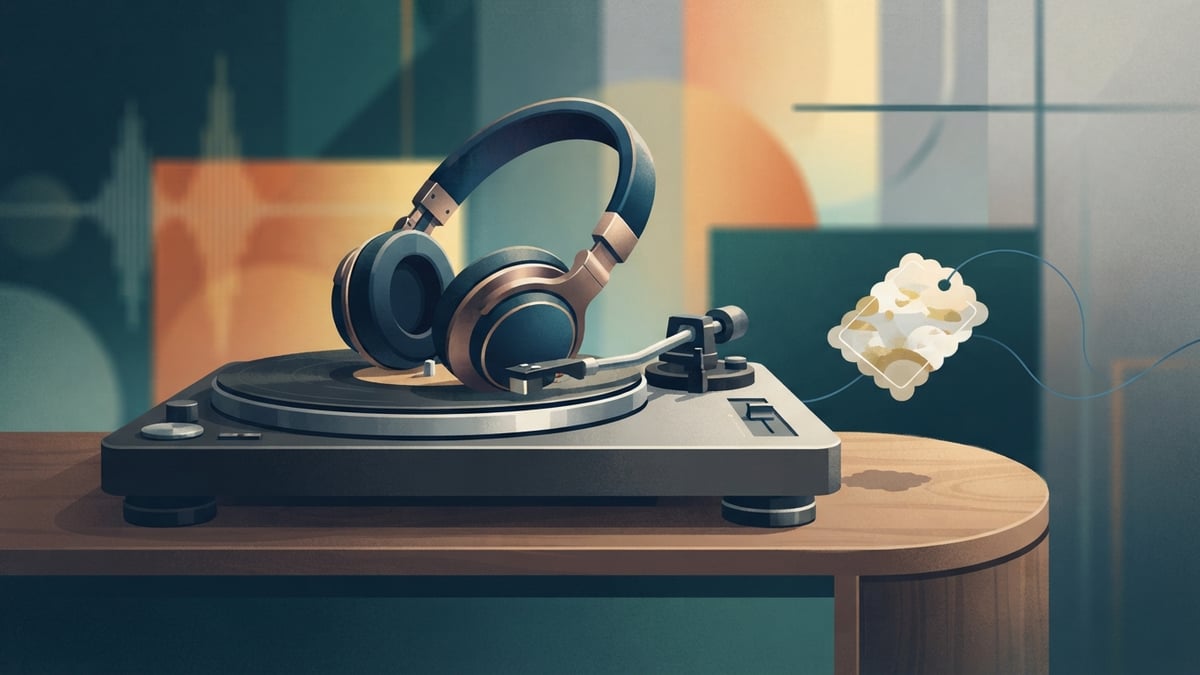 Casque d’écoute et étiquette vierge posés sur une platine dans un studio silencieux.