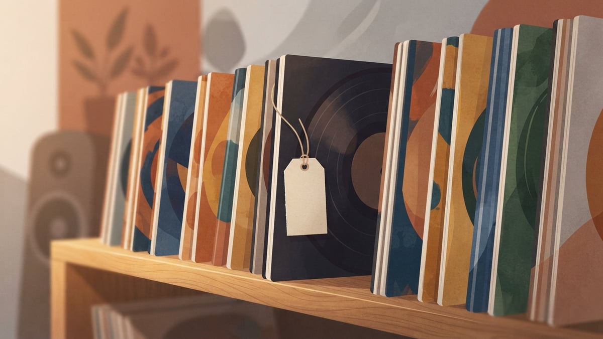 Une rangée de disques vinyles sur une étagère, dont un seul porte une petite étiquette