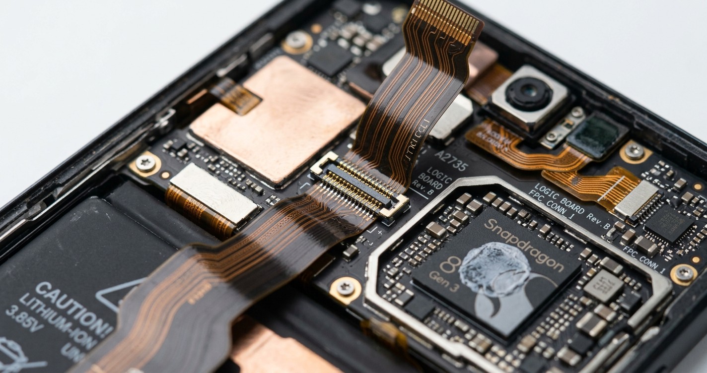 A close-up of a disassembled iPhone showing ribbon cables and logic board