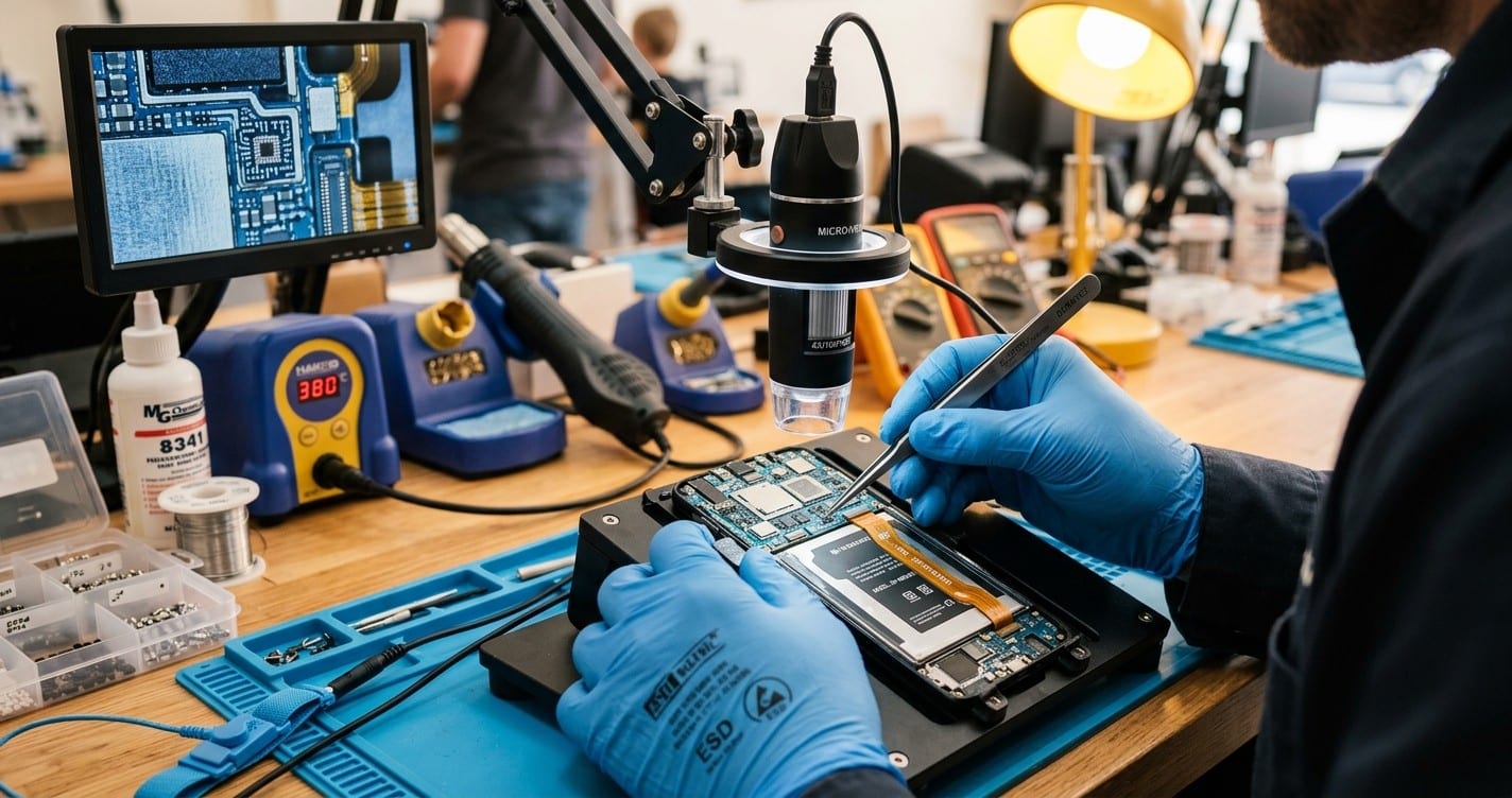 A technician repairing a smartphone under a microscope