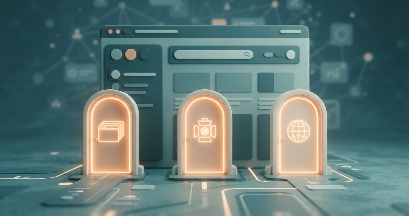 Three doors leading into a browser window, each lit differently