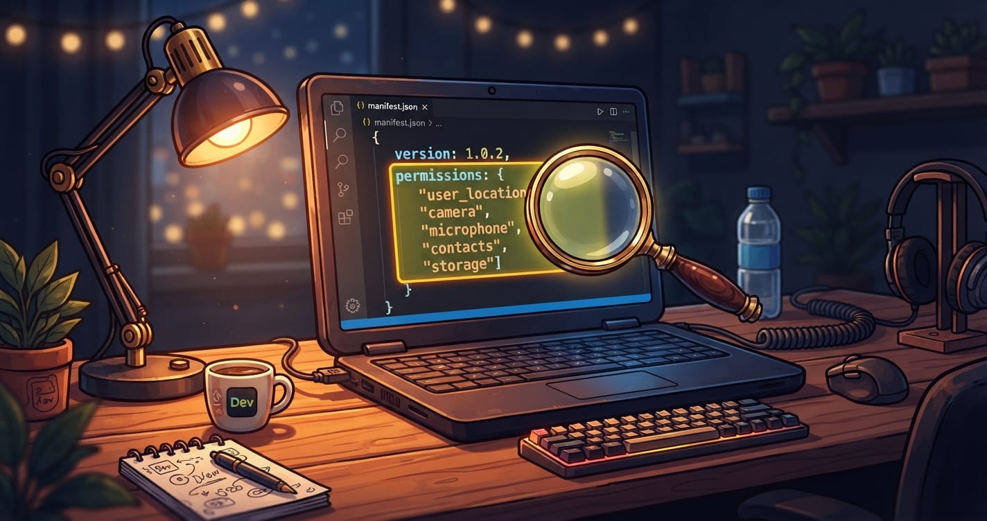 Laptop showing a manifest with permission lines highlighted