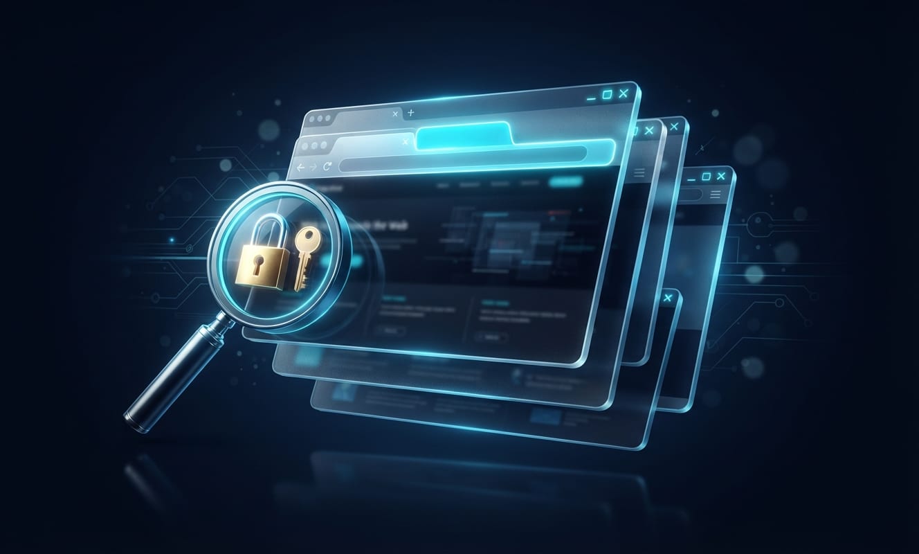 Stack of translucent browser windows with one glowing open tab and a padlock icon