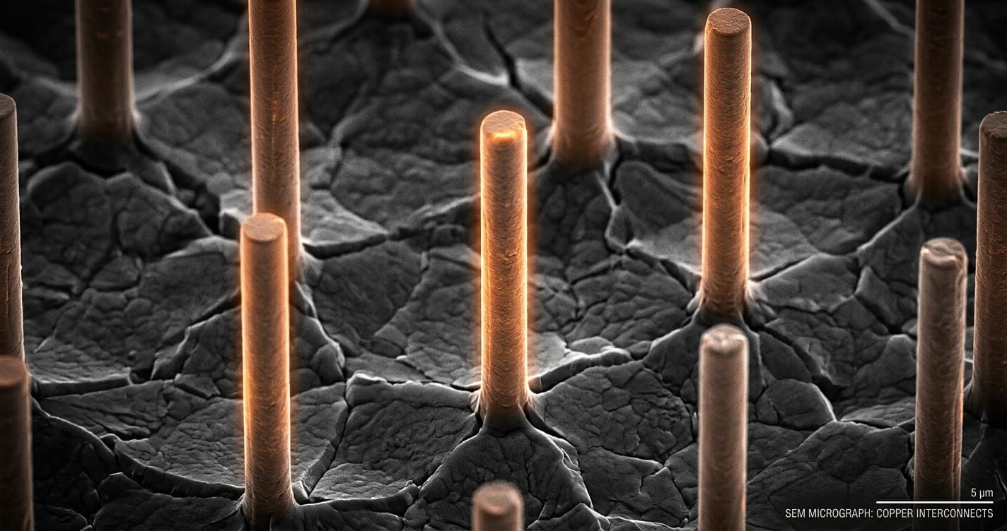 Microscopic nano-TSVs piercing silicon