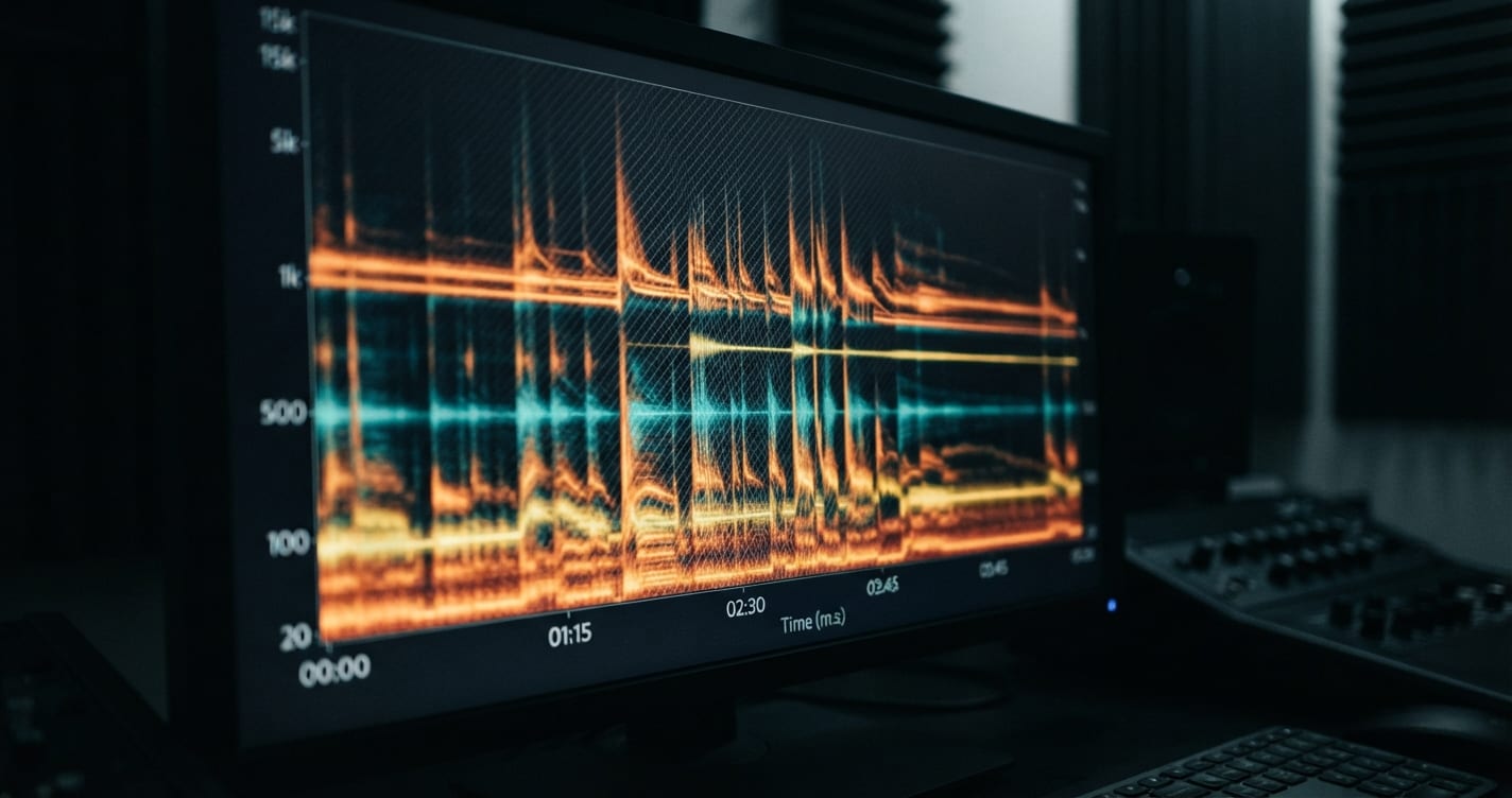 Spectrogram of an audio clip with a faint repeating pattern hidden under the music