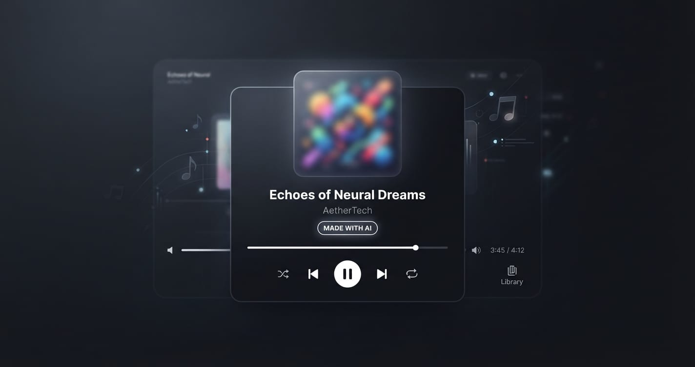 Stylized music player with a small Made with AI badge beneath the song title