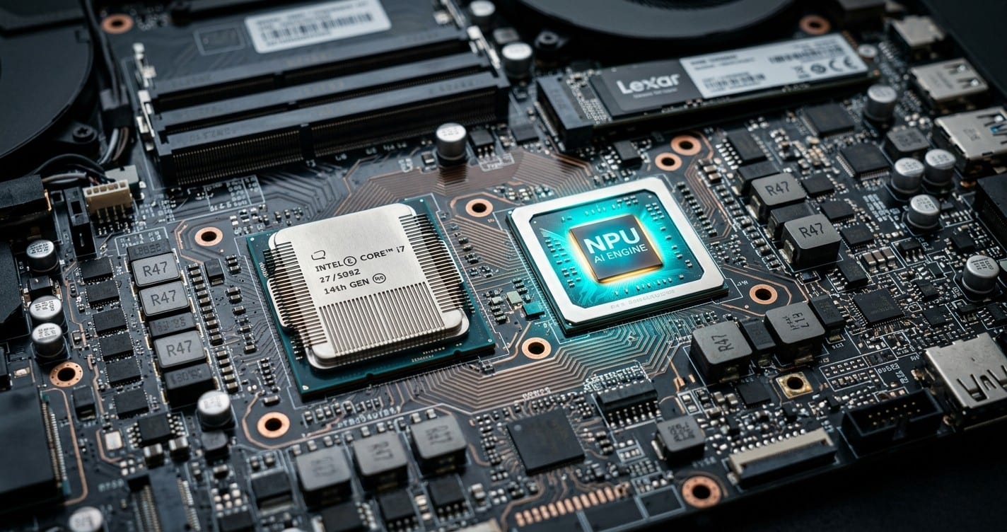 A laptop motherboard highlighting the NPU silicon next to the CPU